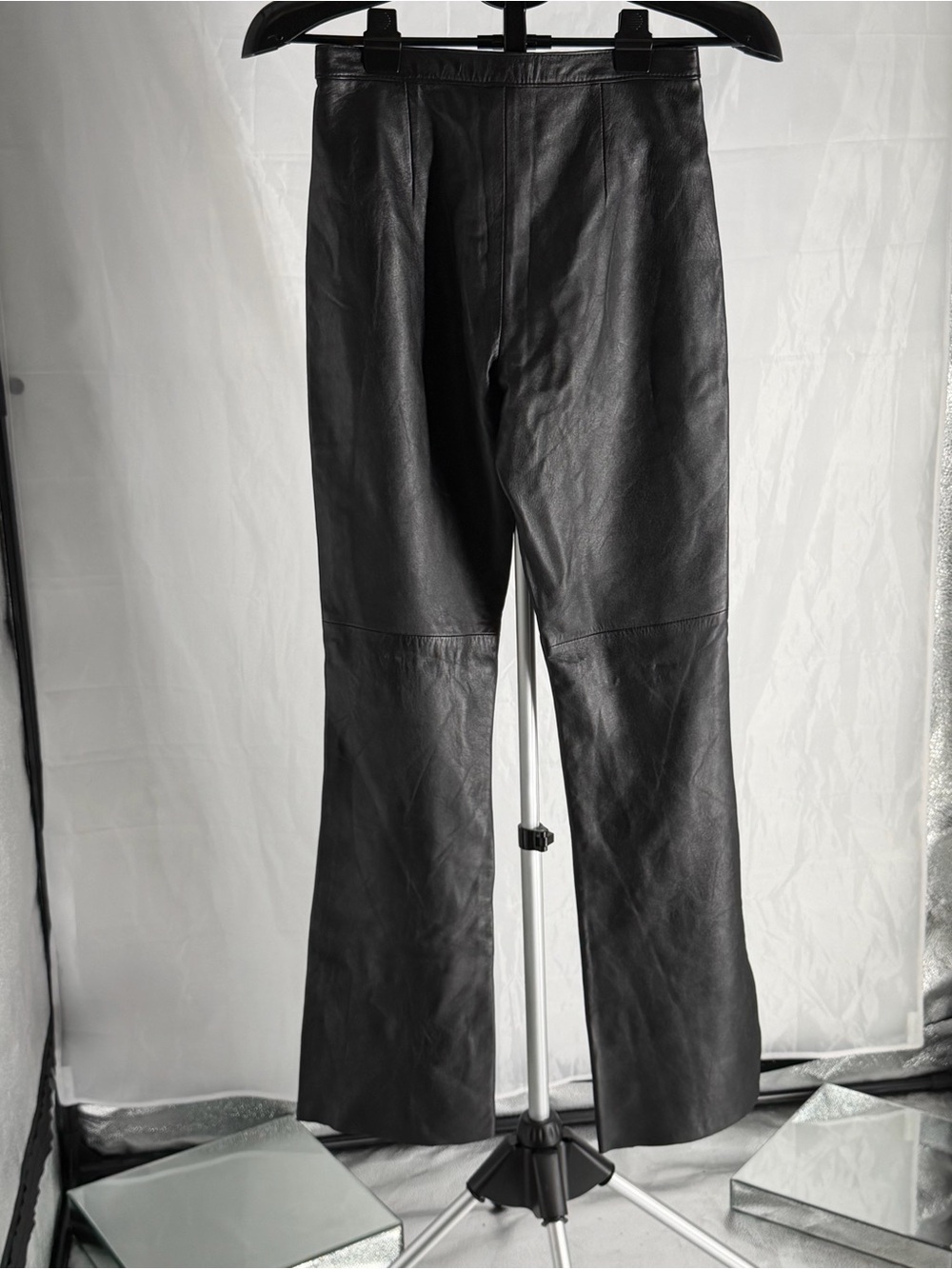 James & John Extacy, Vintage Women Leather Black Boot Leg Pants Jeans Sz 27